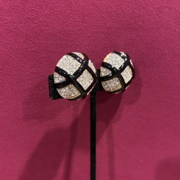 VTG CINER Gold Rhinestone Black Enamel EARRINGS - Picture 5 of 7